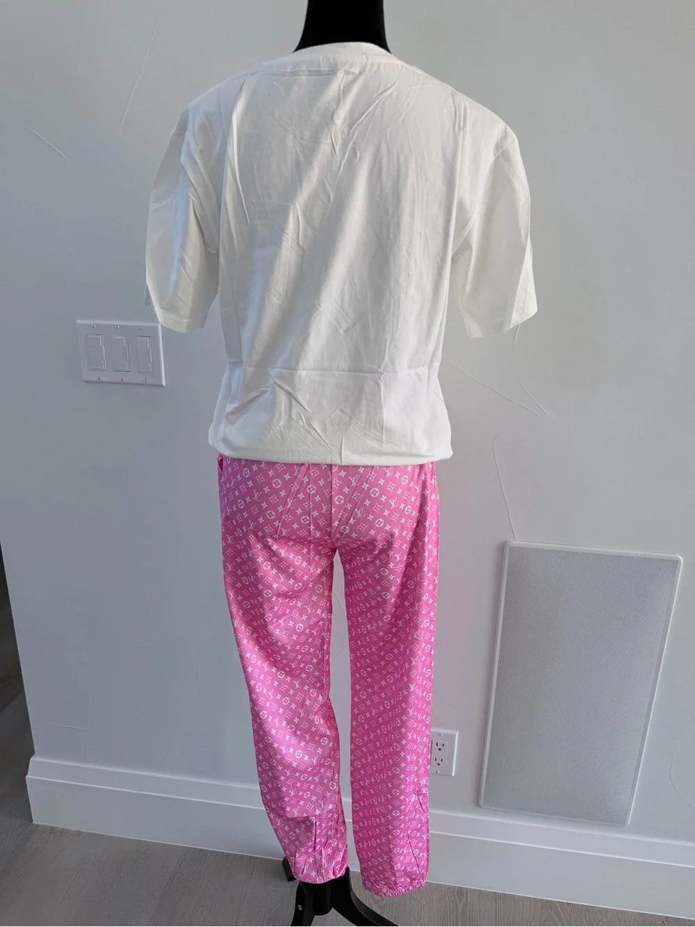 Women's Pink Patterned Lounge Set - White Top & Pink Pants size S